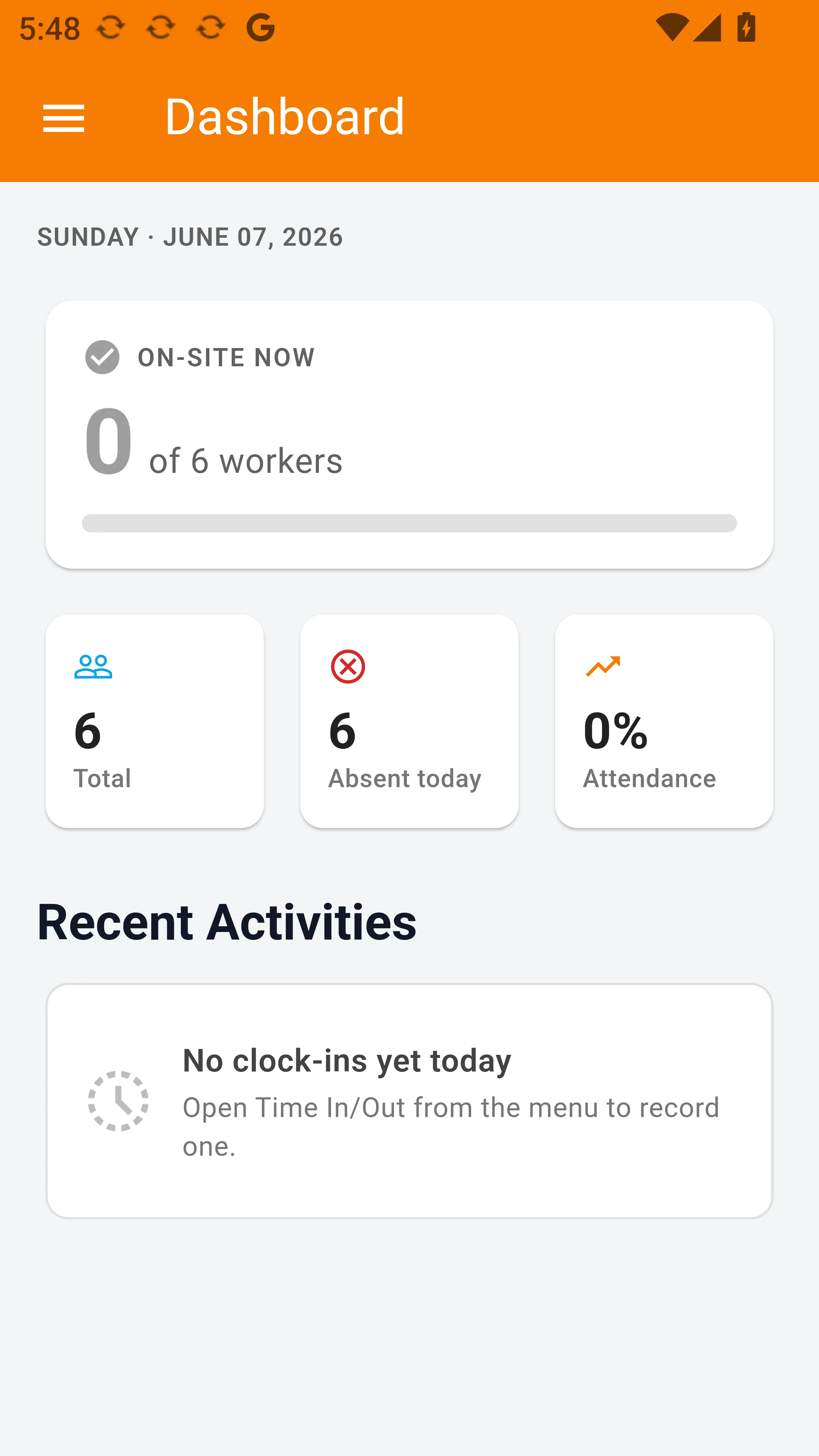 Sahod HR field app — on-site attendance on a worksite tablet