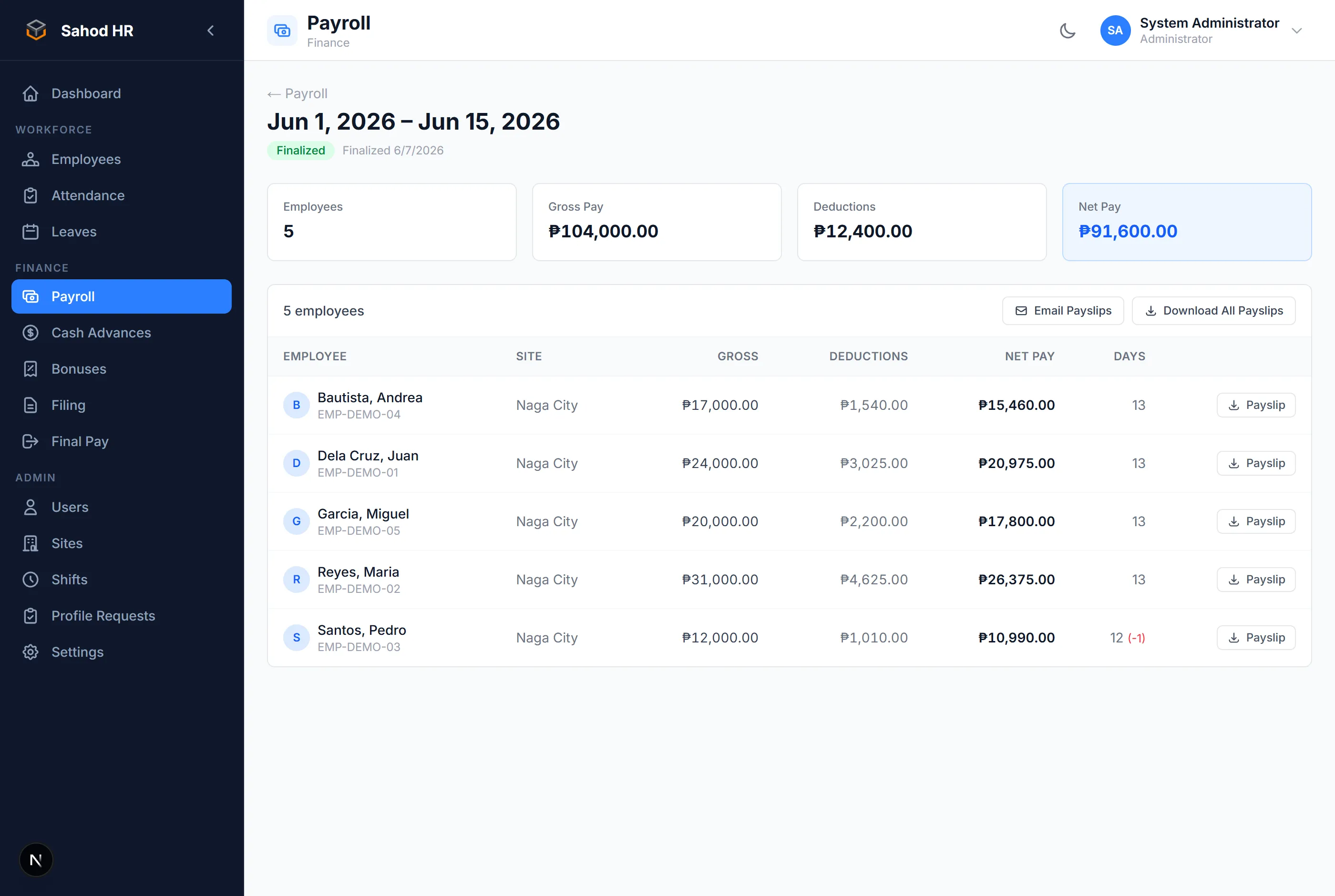 Sahod HR payroll period — gross, deductions, and net pay computed per employee